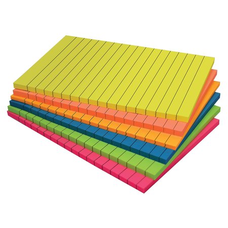 BETTER OFFICE PRODUCTS Lined Sticky Notes, 4in.x6in. 300 Shts 50/Pad, Self Stick Notes with Lines, Bright Colors, 6PK 66461